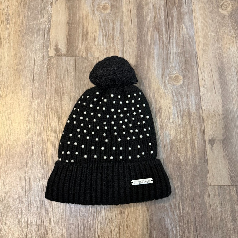 Bebe Beanie Hat Womens Black Pearl Studded Details‎ Knitted Fold Calf Pom-Pom